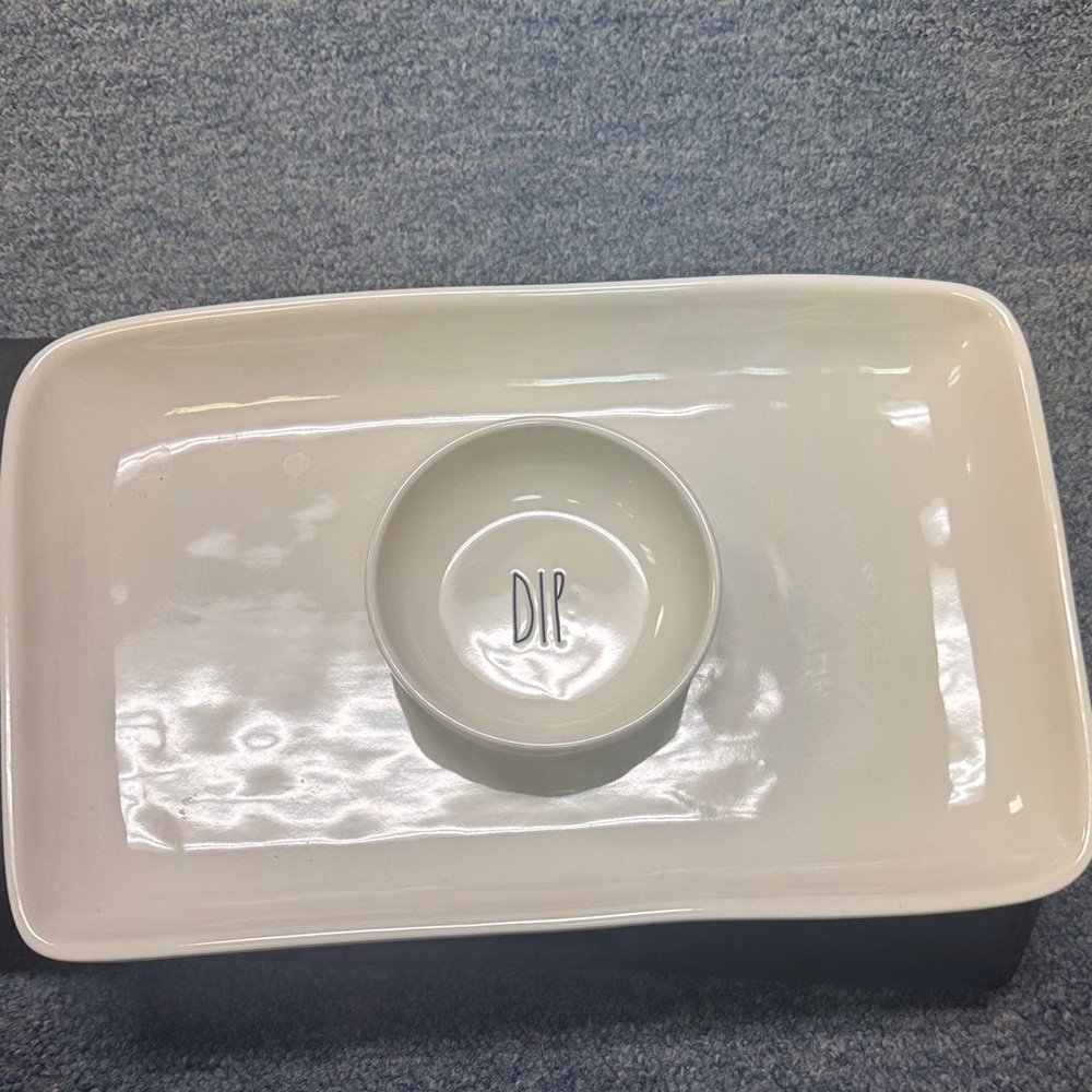 Rae Dunn DIP White Ceramic Serving Platter with Matching Dip Bowl